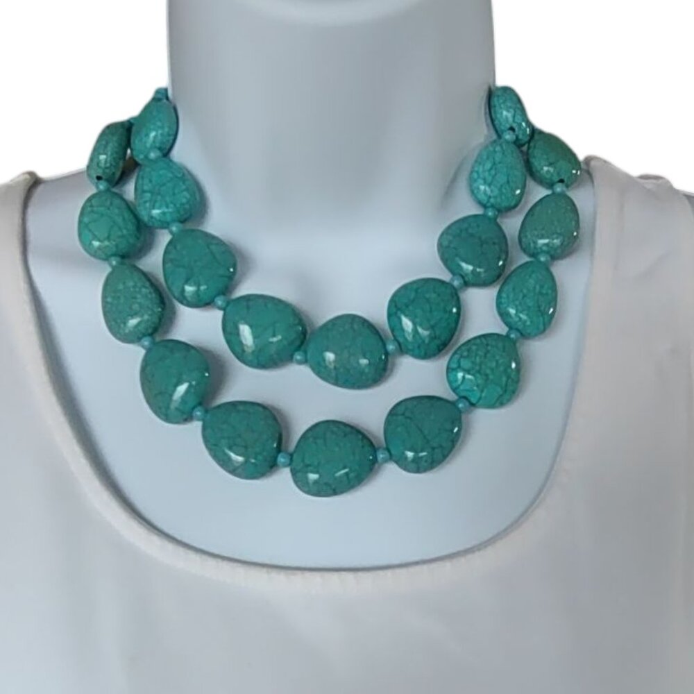 Faux Stone Turquoise Two-Strand Adjustable Chunky Statement Necklace - Picture 2 of 6